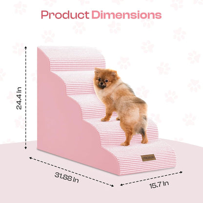 Curved Dog Stairs for High Bed Up to 26", 5-Step Dog Ramp for Small Dogs with Washable Cover, Non-Slip Steps for Cats to Get on Couch and Sofa, Durable Foam Ladder for Medium Breeds, White Pink