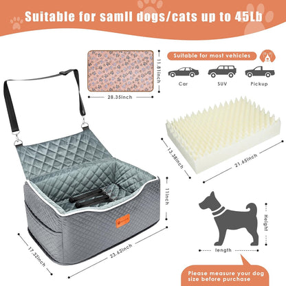 Memory Foam Booster Dog Car Seat for Medium Dogs Under 45 LBS, Elevated Pet Car Seat with Detachable Washable Cover, Anti-Slip Sturdy Dog Booster Seat with Seat Belt for Back Seat Travel