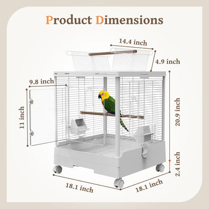 Clear View Bird Cage with Play Top, Modern Rolling Flight Cage for Parakeets, Cockatiels, Conures, Lovebirds, White Parrot Cage with 0.4" Bar Spacing, Slide-Out Tray & Accessories
