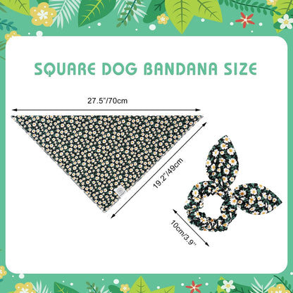 E-Clover Dog Bandanas & Matching Scrunchie Set Girl Dog Scarf Bibs with Bow Scrunchie for Medium Large Dogs Pet Owner Gifts Flower Black