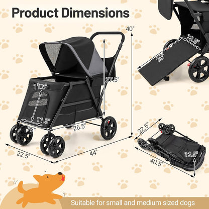 PETSITE 4 Wheels Dog Stroller, Foldable Cat Stroller with Dual Entries, Ramp, Mesh Windows, Adjustable and Detachable Canopy, and All-Terrain Wheels with Brake, Ideal for Small Medium Dogs