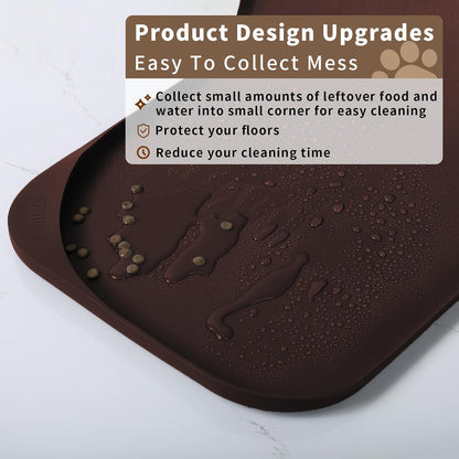 Silicone Pet Feeding Mat with Raised Edge & Residue Collection Pocket for Food and Water, Dog Bowl Mats, Cat Bowls Placemat with High Lip for Floor Waterproof, 24 x 16 x 0.8 Dark Brown