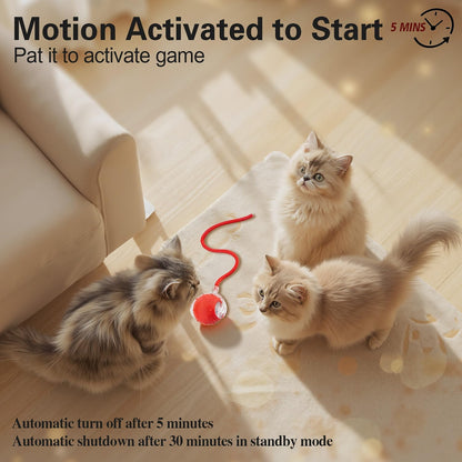 Interactive Cat Toys Ball for Indoor Cats, Automatic Agile Rolling Cat Ball with Elastic Mesh Tail, Bird Chirping & Motion Activated, 2 Tail Accessories, Kitten Toy for Bored (Red)