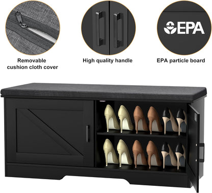 2-Tier Storage Bench, Shoe Bench with Padded Seat Cushion, Entryway Bench with 2 Barn Doors, Adjustable Shelf, 13.8" D x 39.4" W x 17.7" H, for Entryway, Living Room, Bedroom, Black