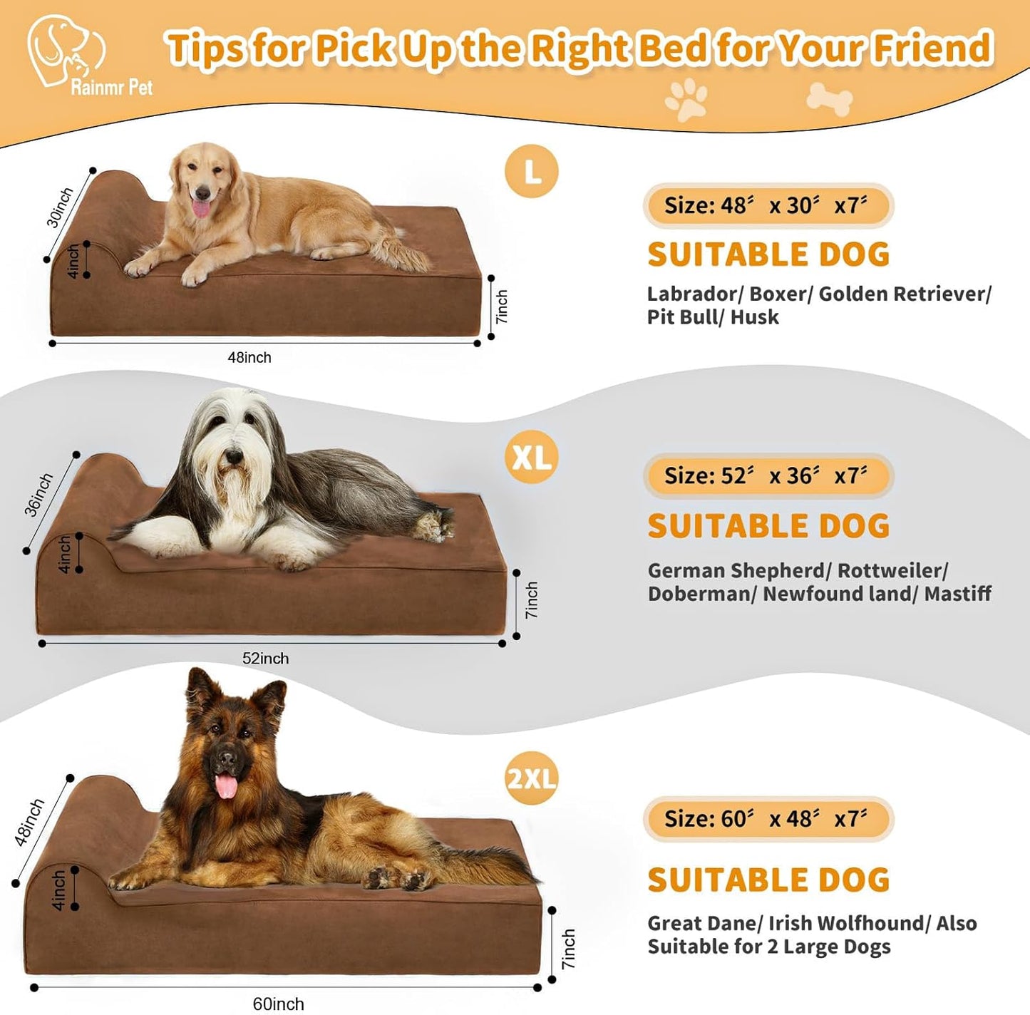 Large Orthopedic Dog Bed, 7" Memory Foam with Waterproof Liner, Chew Resistant Microsuede Cover, Removable and Washable, for Indoor, Outdoor, and Car Use, Nonskid Base, 48"x30" L Brown