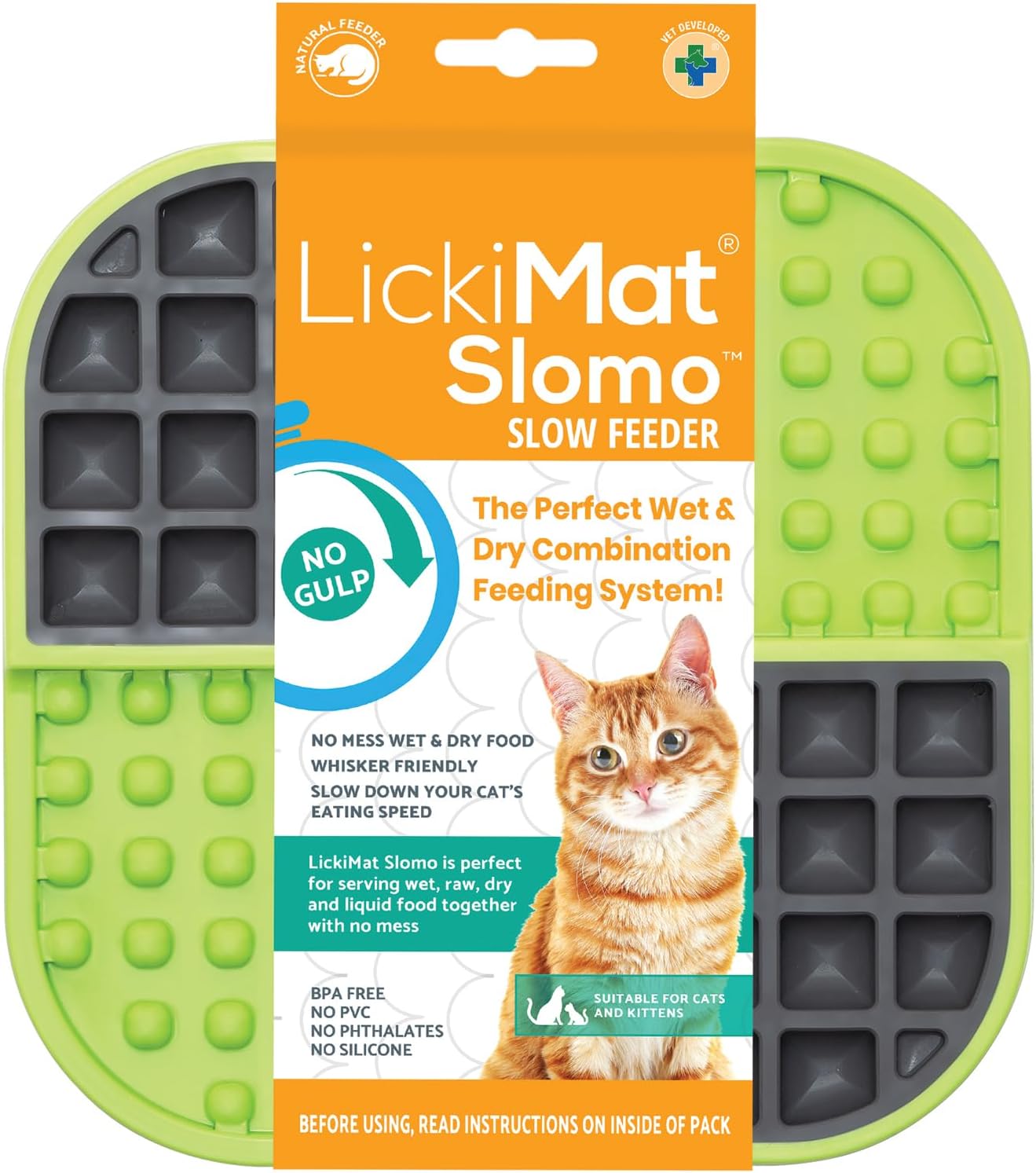 LickiMat Slomo, Cat Slow Feeder Lick Mat, Boredom Anxiety Reducer; Perfect for Food, Treats, Yogurt, or Peanut Butter. Fun Alternative to a Slow Feed Cat Bowl or Dish, Green