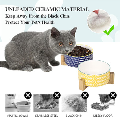 Selamica Ceramic 30 OZ Dog Bowls, Dog Food and Water Bowls with Wooden Stand, Anti-Slip Dog Dishes Set for Cats Small & Medium Sized Dogs, Weighted Pet Bowls Set of 2, Assorted Colors B