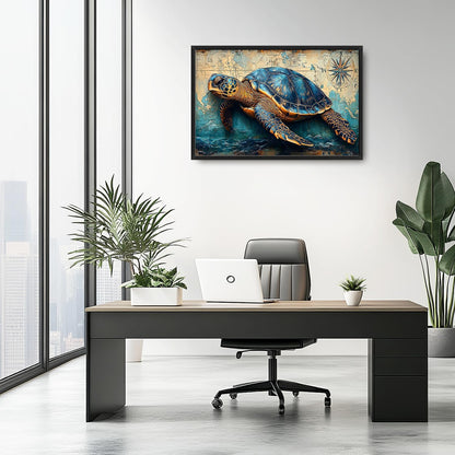 Large Nautical Turtle Wall Art for Living Room, Coastal Ocean Canvas Oversized Wall Decor, Beach Aesthetics Framed Pictures Painting Print Artwork for Bedroom Office 36L" x 24W"