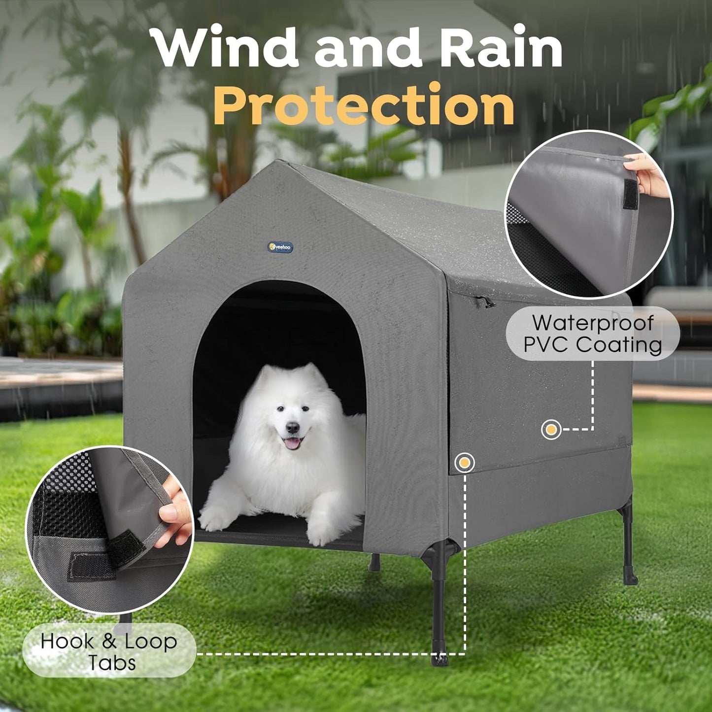 Veehoo 41" Dog House, 2-in-1 Large Dog House Outdoor Indoor Weatherproof, Outside Elevated Dog Cot Bed Dog Tent Shade, Three-Sided Breathable Mesh Windows and Sunshades, CWC2435CP
