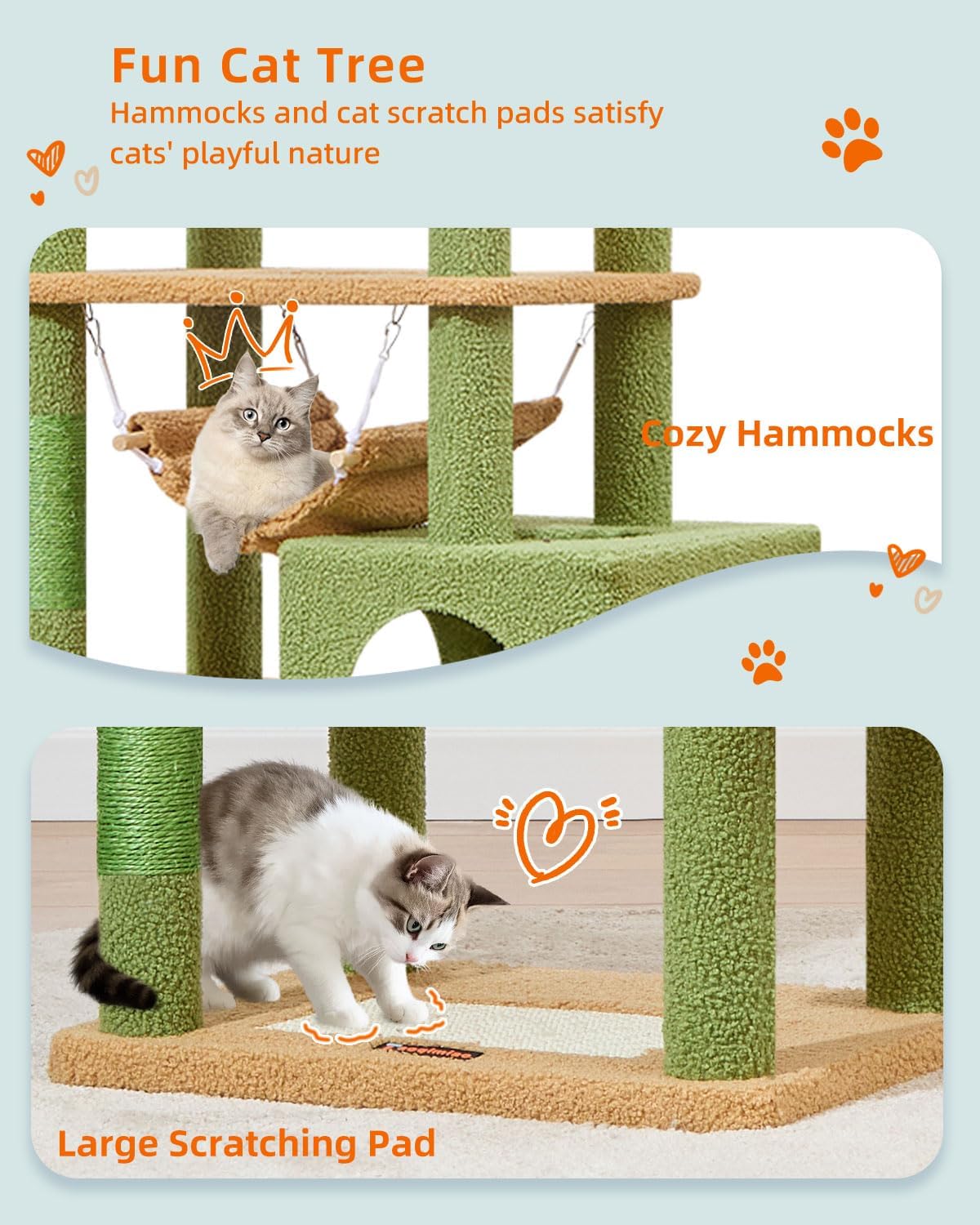 Taoqimiao Cat Tree, 68-Inch Cat Tree Cat Tower for Indoor Cats, Plush Multi-Level Cat Condo with 6 Scratching Posts, 2 Perches, 2 Caves,Hammock, 3 Pompoms,MS020ST Cactus