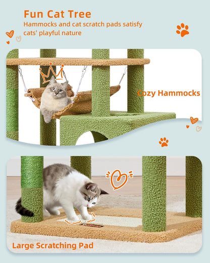 Taoqimiao Cat Tree, 68-Inch Cat Tree Cat Tower for Indoor Cats, Plush Multi-Level Cat Condo with 6 Scratching Posts, 2 Perches, 2 Caves,Hammock, 3 Pompoms,MS020ST Cactus