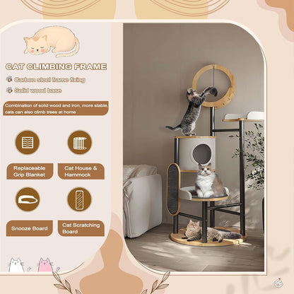 Cat Tree, 66In Cat Tower with Scratching Post, Tall Multi-Level Cat Houses for Indoor Cats Large Adult, Cute Cat Post Cat Condos with Dangling Ball,Plush Platform, Hammock, Big Cats Climbing Tower