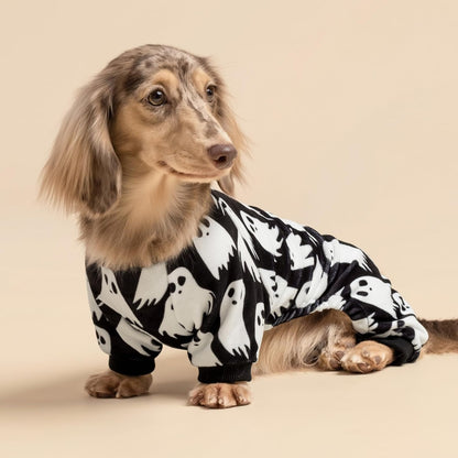 Fitwarm Halloween Ghost Dog Pajamas, Funny Halloween Costumes for Dogs, Fleece Dog Onesie with Feet, Doggy Clothes for Small Dogs Boy Girl, Pet Apparel, Black, White, Medium