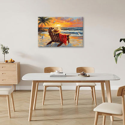 Beach Coastal Bathroom Pictures Wall Art, Seaside Ocean Bathroom Wall Decor, Sunrise Palm Framed Painting Canvas Artwork for Bedroom Living Room Decorations 24"L x 16"W