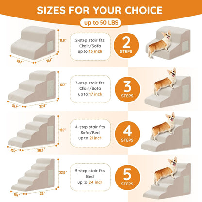 Dogs Steps for Bed, Dog Stairs for Small Dogs, 2-Step Dog Ramp for Bed, Couch, Sofa, and Chairs, Non-Slip Bottom Design, Cat Scratching, High Density Foam Portable Pet Step, Indoor, Beige