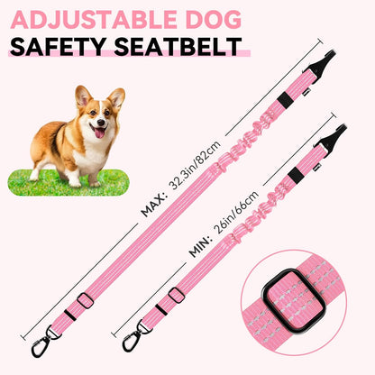Pawaboo Dog Seatbelt for Car, 3-in-1 Dog Seat Belt Bungee, Shockproof Dogs Tether for Car with Buckle & Hook Latch, Adjustable Reflective Dogs Cars Harness Leash with 360° Lockable Buckle, Pink