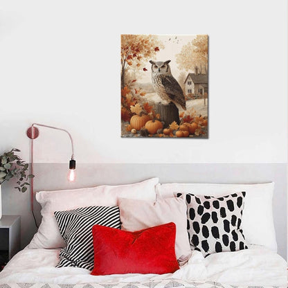 Fall Owl Wall Art Autumn Pumpkin Leaves Wall Decor Rustic Canvas Print Farmhouse Pictures Painting Print Framed Artwork Decorations Gifts for Living Room Bathroom Bedroom Office 20"x24"