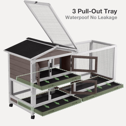 2-Story Indoor Rabbit Hutch with Chew-Proof Outdoor Rabbit Cage with 6 Locking Casters Bunny Cage 2 Pull-Out Trays Guinea Pigs Cage 62" Brown