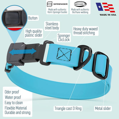 Dogline Biothane Waterproof Dog Collar with Herm Sprenger Black Stainless Steel Quick Release Buckle – Heavy Duty Tactical Durable Collar for Dogs – Comfortable and Safe Pet Collar W1 L15-25 SkyBlue