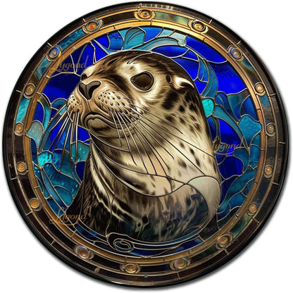 Lygond Metal Sign Tin Sign Circular Stained Glass Harbor Tin Sig For Pet 12×12 Inches