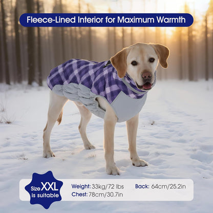 FUAMEY Dog Coat for Large Dogs,Waterproof Dog Winter Jacket with Harness Built in Puppy Cold Weather Coats Reflective Pet Vest with Zipper Warm Fleece Dogs Snowsuit Windproof Purple Plaid XL