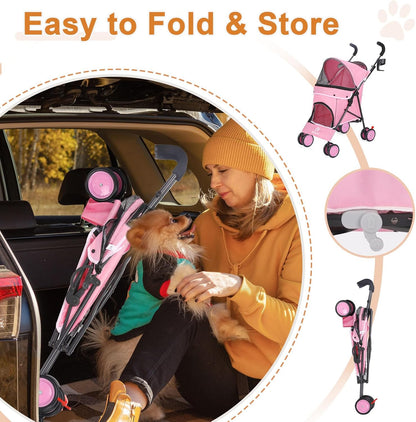 Umbrella Dog Stroller, 4 Wheels Pet Strolling, Foldable Carrier Pet Stroller for Small Dogs Cats, with Carrying Strap and Cup Holder, Dog Poop Bags & Dispenser, Up to 33 lbs, Pink