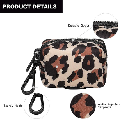 Petmolico Dog Poop Bag Holder Leash Attachment, Waste Bag Dispenser Zippered Pouch, Fits Any Leash, Includes Free Roll of Bags, 2 Pack - Leopard
