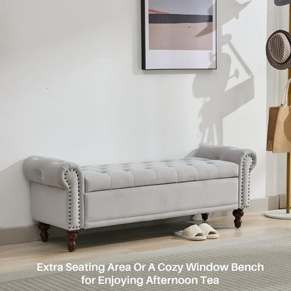 Storage Bench Upholstered Velvet End of Bedroom Bed Bench Ottoman with Tufted Cushioned Rolled Arm Large Storage Space for Reading Living Room Entryway, Light Grey