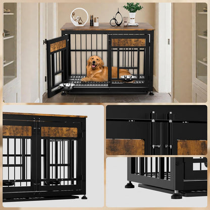 Dog Crate Furniture End Table 38 Inch Hidden Kennel Cabinet with Removable Tray, Thickened Metal Frame Dog Cage, Dual-Purpose Pet House & Nightstand for Living Room