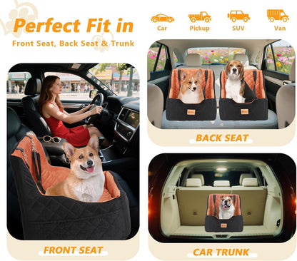 Dog Car Seat for Small/Medium Dogs Under 40lbs, Dog Booster Car Seats Memory Foam and Velvet, Detachable and Washable Pet Booster Carseats with Clip-On Satebelt and Storage Bag.(Black/Brown)