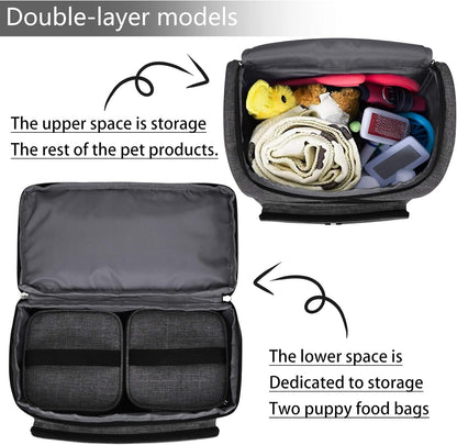 BAGLHER Pet Travel Bag, Double-Layer Pet Supplies Backpack (for All Pet Travel Supplies), Pet Travel Backpack with 2 Silicone Collapsible Bowls and 2 Food Baskets Grey