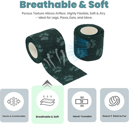Pet Bandage 6 Rolls, Adhesive Bandage, Self Adhesive Bandage, First Aid Adhesive Gauze, for Horses, Dogs,Cats, Birds, Animals (Paw Prints, 2 Inch (Pack of 6))