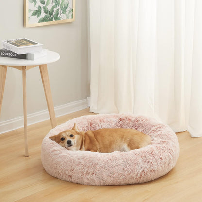 Bedfolks Calming Donut Dog Bed, 30 Inches Round Fluffy Dog Beds for Medium Dogs, Anti-Anxiety Plush Dog Bed, Machine Washable Pet Bed (Pink, Medium)