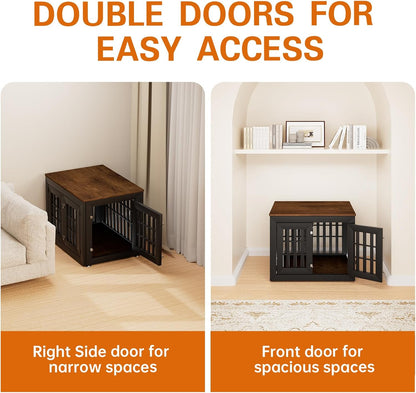 32" Heavy Duty Dog Crate Furniture for Small,Medium and Large Dogs,Rustic Wooden Dog Cage Kennel Indoor Furniture with Waterproof Top,Decorative Pet House Side End Table (Black & Wood)