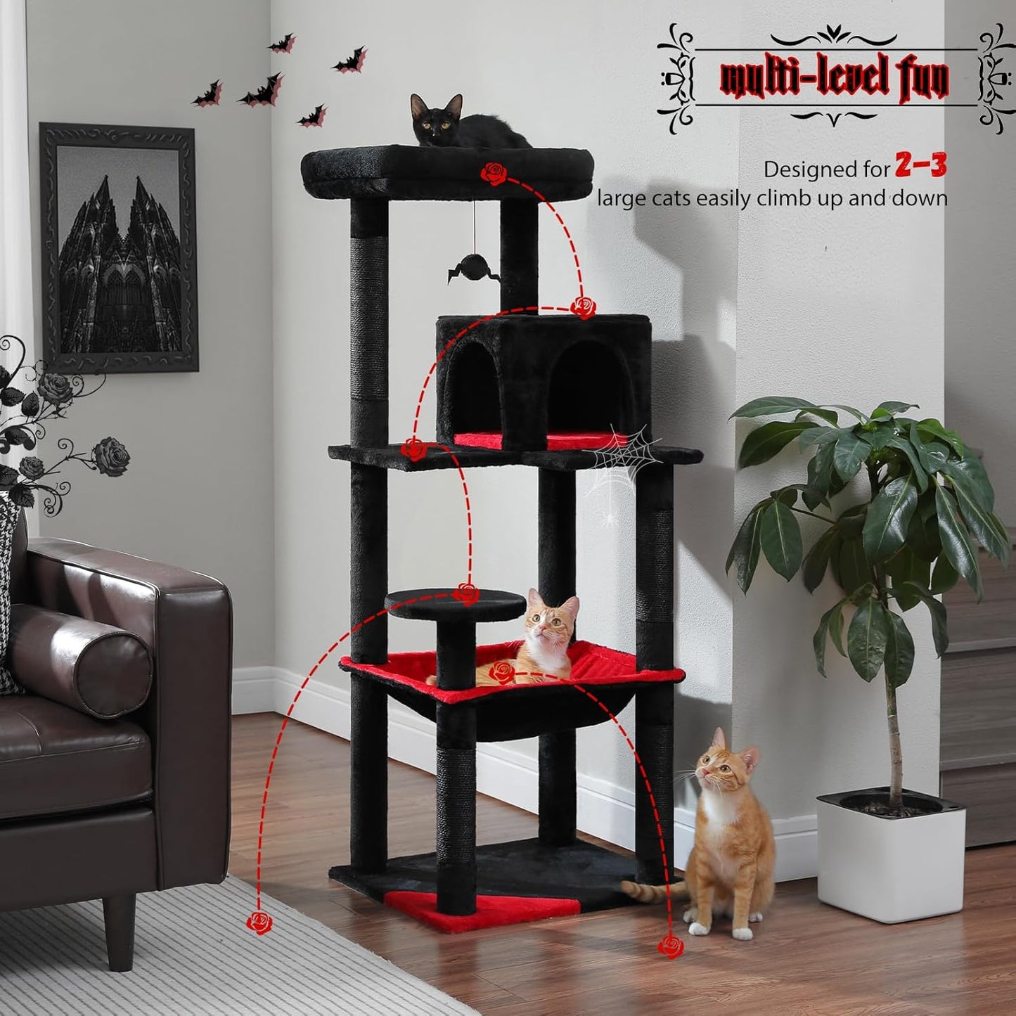 PETEPELA 56.3" Gothic Cat Tree for Indoor Cats, Tall Cat Tower with Super Large Hammock (20"X16"), Sisal Covered Scratching Posts, Cozy Condo and Top Perch Black