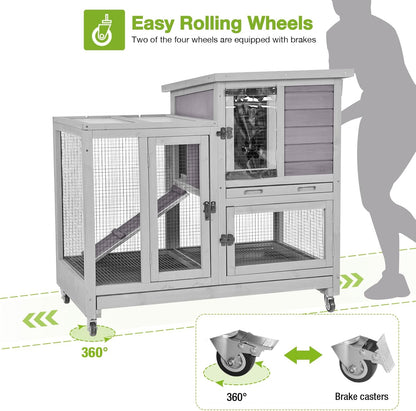 GUTINNEEN Two-Story Rabbit Hutch Large Bunny Cage with Wire Mesh Floor, Leak-Proof Trays, Lockable Wheels for Indoor and Outdoor Use, 40.6" L x 26" W x 37.6" H