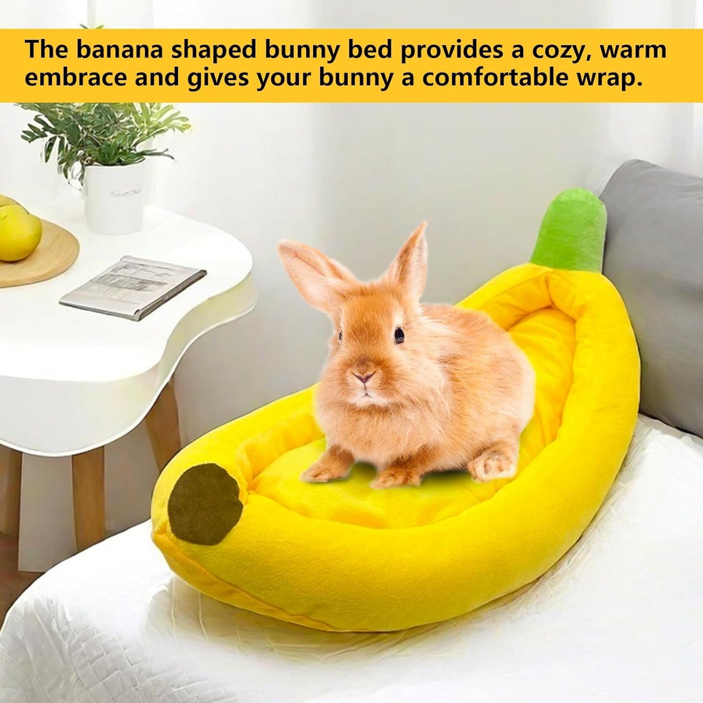 Bunny Bed,Rabbit Bed,Thick&Soft with Removable Mat,Machine Washable Guinea Pig Cushion,Cozy Bunny Plush House,Warm Small Animal Sleeping Beds(Yellow Banana Shape-M)