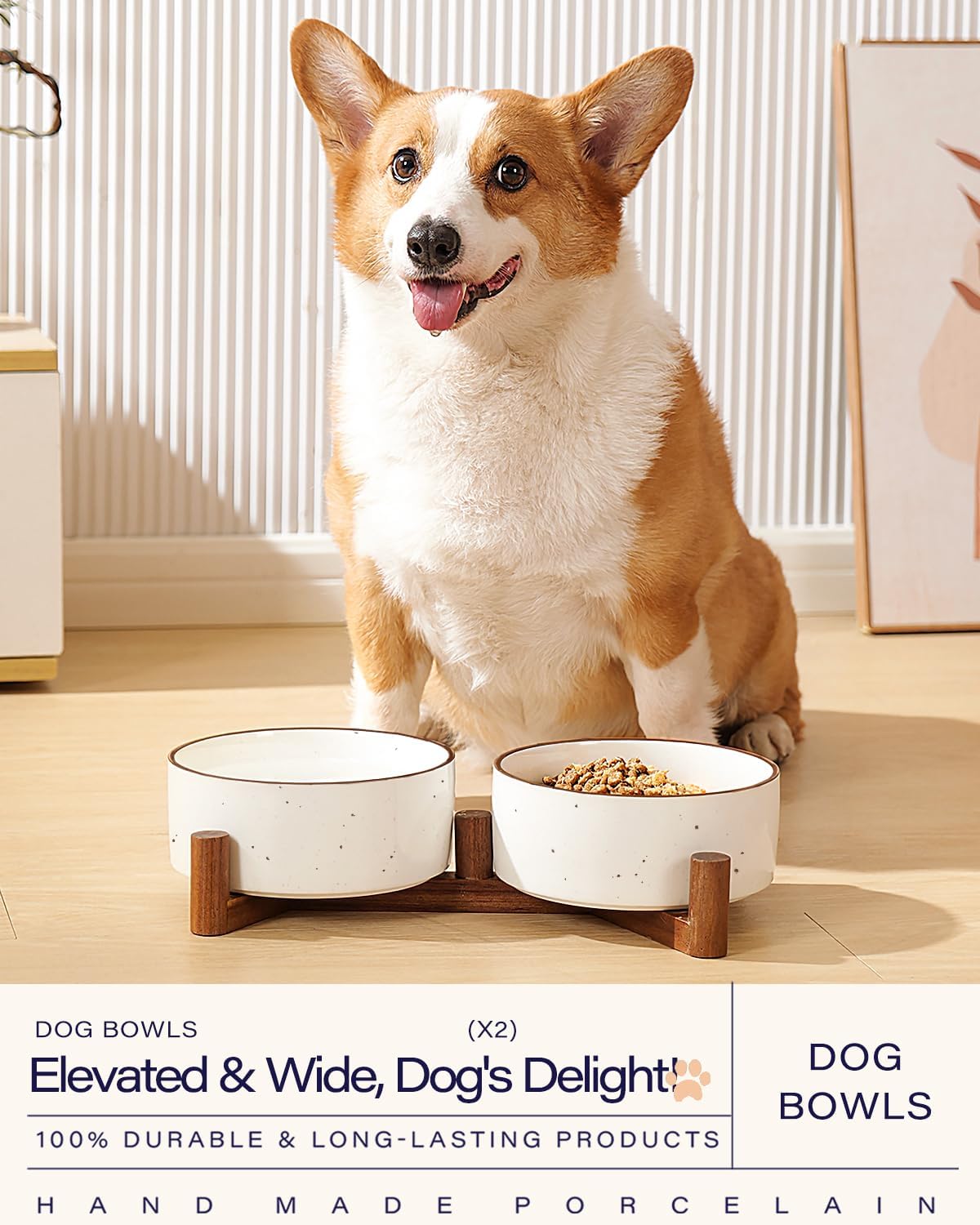 Getstar Ceramic Dog Bowls with Acacia Wood Stand, 30 fl oz, Set of 2, Dog Food Bowl with Colored Rim