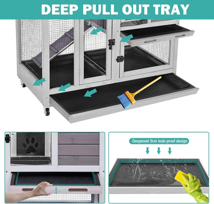 Rabbit Hutch Indoor for 2-4 Rabbits & Guinea Pigs，Bunny Cage with Slide-Out Plastic Trays，Wooden Small Animal Cage for Rabbits, Bunnies, and Guinea Pigs (Light Grey)
