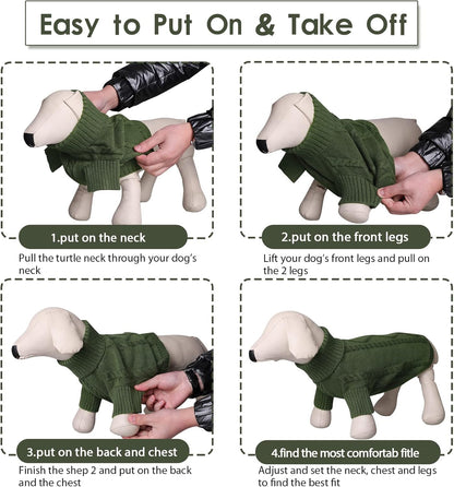 Queenmore Small Dog Pullover Sweater, Cold Weather Cable Knitwear, Classic Turtleneck Thick Warm Clothes for Chihuahua, Bulldog, Dachshund, Pug (Army Green, Large)