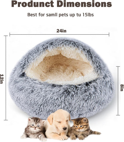 Cat Bed for Indoor Cats, Calming Cozy Cave with Self-Warming Plush, Entire Bed Machine Washable & Anti-Slip Base, Breathable Pet Bed for Small Cats&Dogs All Seasons (Grey, 24 * 24inch)