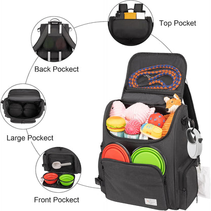 Modoker Dog Travel Bag Backpack, Airline Approved Pet Accessories Organizer for Dog and Cat with Shoulder Strap, 2 Dog Food Storage Containers, 2 Collapsible Dog Bowls,1 Pet Mat, Black