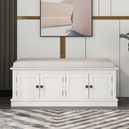 Storage Bench with 4 Doors and Adjustable Shelves, Shoe Bench with Removable Cushion for Living Room, Entryway 42.7" L x 16" W x 17.4" H (White)