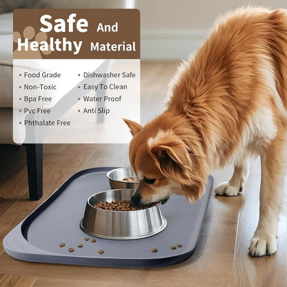 Silicone Pet Feeding Mat with Raised Edge & Residue Collection Pocket for Food and Water, Dog Bowl Mats, Cat Bowls Placemat with High Lip for Floor Waterproof, 24 x 16 x 0.8 Light Gray