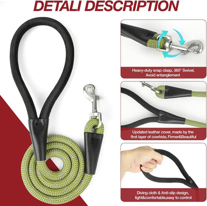 Green 4FT Dog Leash for Large Dogs Night Walking Reflective Heavy Duty Chew-Resistant Nylon Leash with Padded Handle and 360° Swivel Clip Strong for Medium to Large Breeds