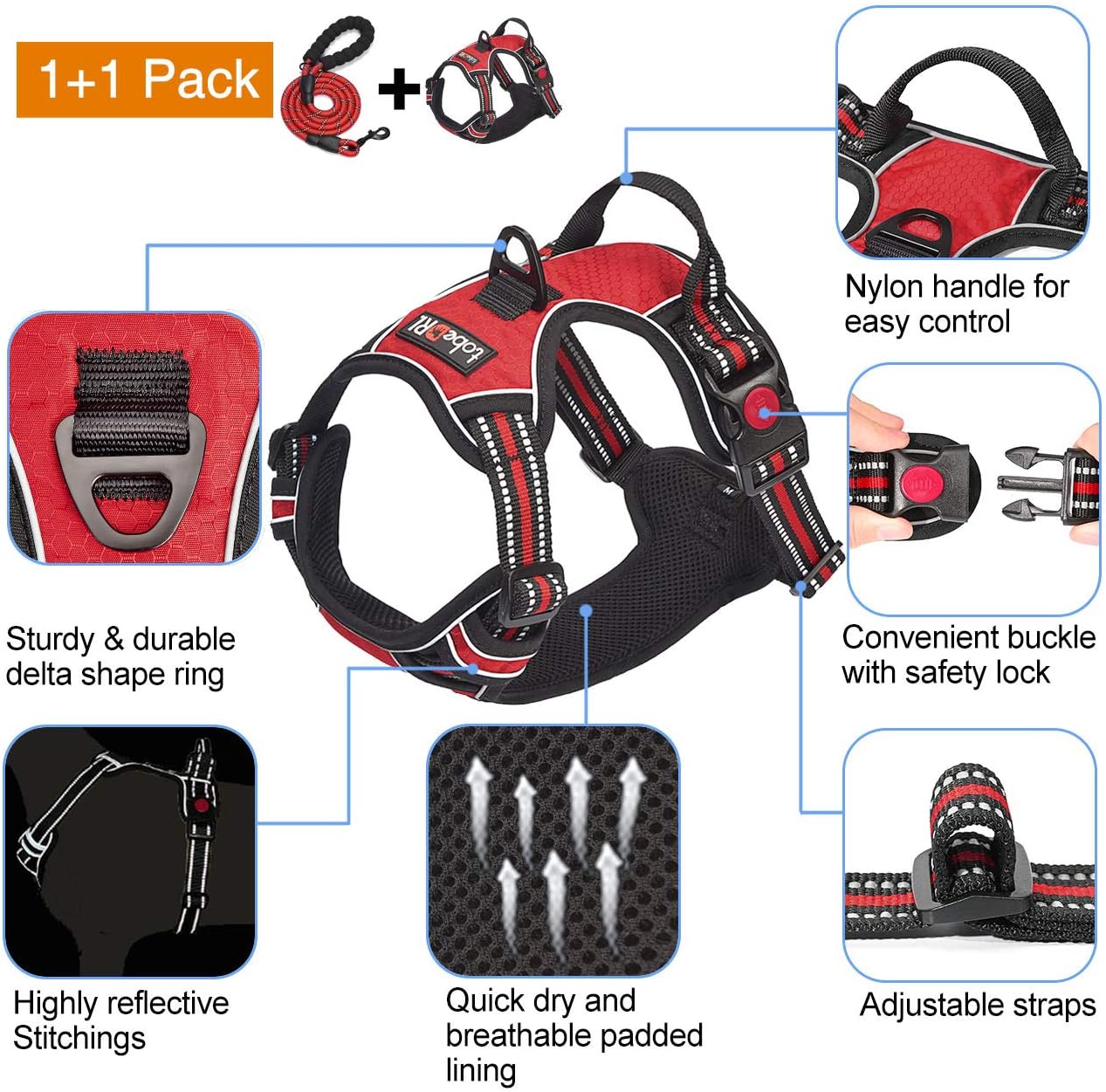 No Pull Dog Harness Adjustable Reflective Oxford Easy Control Medium Large Dog Harness with A Free Heavy Duty 5ft Dog Leash (L (Neck: 18"-25.5", Chest: 24.5"-33"), Red Harness+Leash)