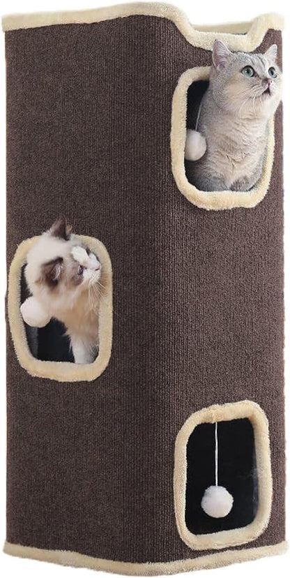 Empet Cat House for Indoor Cats Beds, Multi-Level Cat Condo, Foldable Cave Bed Brown, (3-Level)