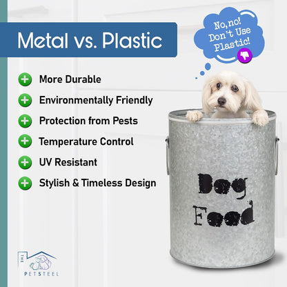 Medium 40lb Dog & 30lb Cat Pet Food Storage Canister with Scoop Combination – Durable & Airtight for Freshnesss, Minimalist Design & Recyclable, Medium Metal Container