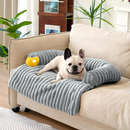 FUNNY FUZZY Pet Couch Cover for Sofa, Calming Dog Bed for Couch, Fluffy Plush Dog Couch Mat for Furniture Protector for Medium Dogs and Cats, 33×28 in, Mist Grey