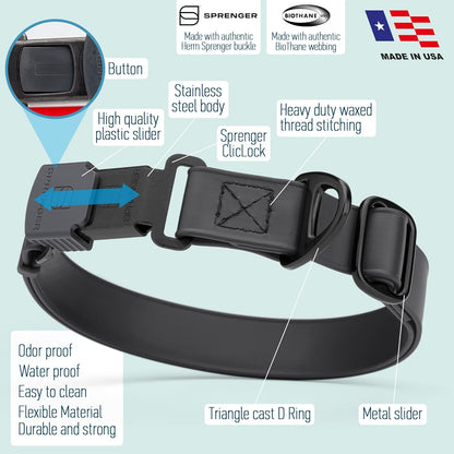Dogline Biothane Waterproof Dog Collar with Herm Sprenger Black Stainless Steel Quick Release Buckle – Heavy Duty Tactical Durable Collar for Dogs – Comfortable and Safe Pet Collar W3/4" L12-19 Black